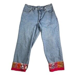 Ashley Stewart Blue Denim Embroidered trim on the cuffs Jeans  Size 14W Y2K